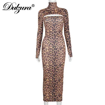 Dulzura Leopard Moterys Ilgomis Rankovėmis Trumpi Marškinėliai Vamzdis Midi Suknelė Bodycon Seksualus Streetwear 2020 M. Rudens Žiemos Šalies Klubas