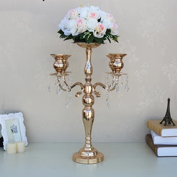 Kūrybos Aukščio Gėlė Turėtojas Vaza Sruogos Vestuvių Dekoravimas Gold 5 Ginklų Šviestuvai Metalo Žvakių Laikiklis su Gėlių Dubuo