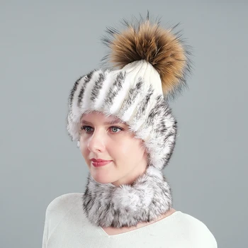 Ponios triušio plaukų akrilo megzti skrybėlę fox meškėnas kailių kamuolys naujų rudenį ir žiemą šilta kailio kepurę šaliko komplektas
