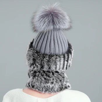 Ponios triušio plaukų akrilo megzti skrybėlę fox meškėnas kailių kamuolys naujų rudenį ir žiemą šilta kailio kepurę šaliko komplektas