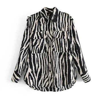 ZA 2020 Naujas Mados Moterų Zebra modelis šifono marškinėliai Pasukite žemyn Apykaklės Palaidinukės ilgomis Rankovėmis Šifono Laisvi Marškinėliai atsitiktinis Viršūnės