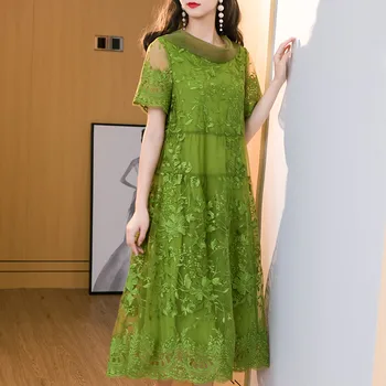 2020 m. Pavasario Vasaros Moterų Lankas Embriodery Žalia Vyno Raudona Ilga Suknelė , korėjos Stiliaus Moteris Linija, 4xl Suknelės Moterims
