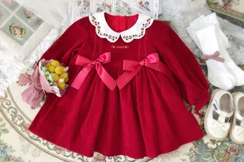 0-10Y Baby Girl Rudens Žiemos Turkija Stiliaus Raudonos spalvos ilgomis Rankovėmis Derliaus Princesė Suknelė Aksominė Suknelė Eid Vakarų Kalėdinis vakarėlis