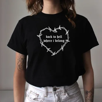 Kuakuayu HJN Atgal Į Pragarą, Kur aš Priklausau T-Shirt Moterų Tumblr Mados 90s Cyber Gothic Tee Atsitiktiniai trumpomis Rankovėmis Marškinėliai