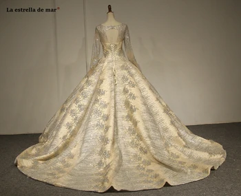 Hochzeitskleid naujas Samtelis kaklo nėrinių blizgančiais ilgomis rankovėmis Kamuolys Suknelė putojantis šampanas aukso dubajus vestuvių suknelės princesė weddin