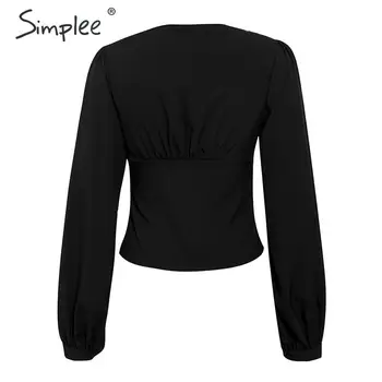 Simplee Žibintų rankovės office ponios palaidinės V-kaklo mygtukus slim moterų palaidinė marškiniai, Elegantiškos rudenį, žiemą moteriška juoda viršūnes blusas
