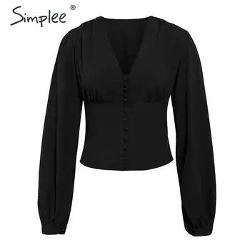 Simplee Žibintų rankovės office ponios palaidinės V-kaklo mygtukus slim moterų palaidinė marškiniai, Elegantiškos rudenį, žiemą moteriška juoda viršūnes blusas