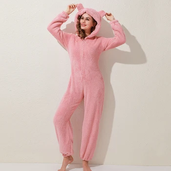 Žiemos Šiltos Pižamos Bendras Plius Dydžio Saldus Gaubtu Rinkiniai Pižama Moterų Suaugusiųjų Onesies Purus Vilnos Jumpsuits Sleepwear