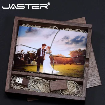 JASTER USB2.0 riešutmedžio medienos box (170 * 170) flash disko kristalų pen ratai 4G, 8G 16G 32G 128GB 64G U disko vestuvių atminimo dovana