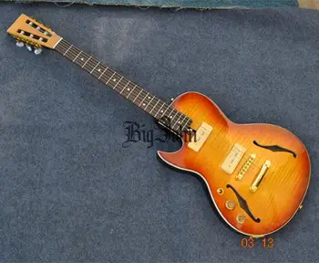 Kairė Ranka Pusiau Tuščiaviduriai, Elektrinė Gitara,Oranžinė Flame Maple Top Raudonmedžio Kūno ir Raudonmedžio Fingerboard BJ-117