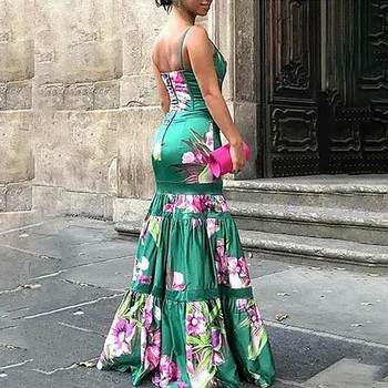 Plus Size Afrikos Suknelės Moterims Gėlių Spausdinti Rankovių Backless Ilgas, Maxi Suknelė Seksualus Šalis Suknelės Moterims, Elegantiškas Vakaras