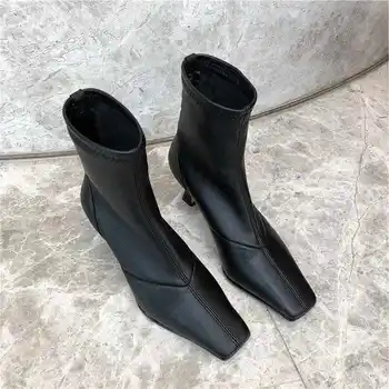 Krazing Puodą mažas kvadratas kojų aukštakulniais mados paprasta gentlewomen batai žiemą laikyti šiltai juodos spalvos ruožas batai L51