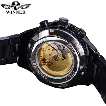Nugalėtojas Diamond Skeletas Automatinis Laikrodis Ciferblatas Juodas Aukso Šviesos Vandeniui, Nerūdijančio Plieno, Verslo Mechaninis Laikrodis