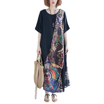 2021 Etninės stiliaus Moterų Vasaros Suknelė Vintage Susiuvimo Spausdinimas, Didelio Dydžio trumpomis Rankovėmis Suknelė g52