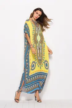 2021 Vasaros Bohemijos Spausdinti Batwing Moterų Maxi Suknelė Atsitiktinis Musulmonų Kaftan Dubajus Maroko Arabų Suknelė Amerikos Drabužių VKDR1662