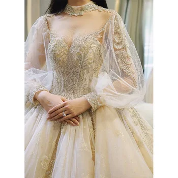 Naujas Nėrinių Kamuolys Suknelė Vestuvių Suknelės Ilgomis Rankovėmis Musulmonų Nuotakos Suknelės Prabanga Teismas Šampano Vestuvių Suknelės 2021 Chalatas De Mariee