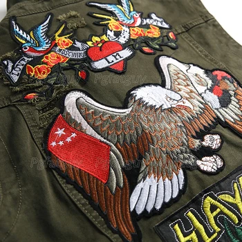 Europos Stiliaus vyriški Armijos Žalioji Laisvi Nustatyti Hip-Hop 2 vnt Išsiuvinėti Phoenix Gėlių Vyrų Drabužių Skylės Kankina Džinsinio Marškinėliai Kelnės
