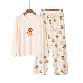 Moterų Namų Drabužių Pijamas Pavasarį, Rudenį Japonijos Gyvūnų Spausdinti Medvilnės Pižama Modalinis ilgomis Rankovėmis Kelnės Minkštos Homewear Rinkinys