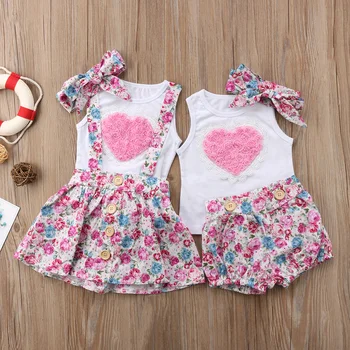 Šeimos Atitikimo Kūdikiams, Kūdikių Mergaitės Meilės Nėrinių Širdies marškinėliai Topai+Gėlių Kelnės/Sijonai, Komplektai Rinkinys