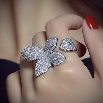 Didelis Gėlių Mikro Nutiesti 200pcs Lab Diamond cz Žiedas 925 Sterlingas sidabro Dalyvavimas Vestuvių juostoje Žiedai Moterims Žavesio Šaliai, Papuošalai