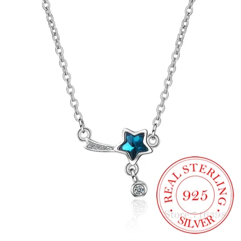 925 Sterling Silver Blue Crystal Star Žavesio Karoliai Pakabukas Moterų Vestuvių Romantiška Šalis, Papuošalai Choker Apykaklės/gavja