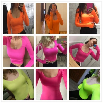 Ahagaga ilgomis Rankovėmis Medvilnės Pagrindinio Tees Neoninė Oranžinė Žalia Reguliarus Fizinis Viršūnes 2021 M. Pavasarį Atsitiktinis Marškinėliai Bodycon marškinėlių Komplektus