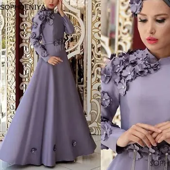 Elegantiškas Musulmonišką Hidžabą vakarinę Suknelę 2020 ilgomis rankovėmis Vakaro suknelės 3D Flower Satin A-Line Ilgai Oficialią Šalies Chalatai Chalatas De Soire