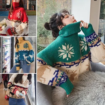Plius dydžio Megztinis drabužiai Kalėdų Moterų Žiemą Elniai Spausdinti Vėžlys Kaklo Megztinis Trikotažas Laisvas Megztinis