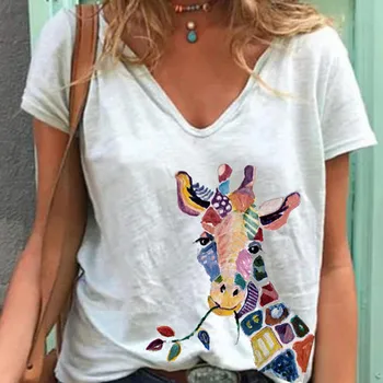 Karšto Pardavimo Atsitiktinis Balta Spalva Žirafa Spausdinti Moterys T-shirt Vasaros trumpomis Rankovėmis V-Kaklo Animacinių filmų Spausdinti Prarasti Viršūnės