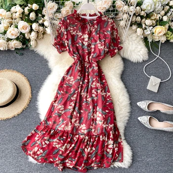 Moterų Gėlių Šifono Suknelė 2020 Naujas Saldus Spausdinti Sluoksniuotos Rankovėmis Raukiniai Suknelė Vasaros Susiėmę Jungiamąją Juosmens-line Suknelė ML1009