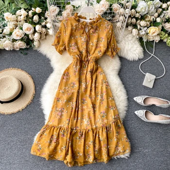 Moterų Gėlių Šifono Suknelė 2020 Naujas Saldus Spausdinti Sluoksniuotos Rankovėmis Raukiniai Suknelė Vasaros Susiėmę Jungiamąją Juosmens-line Suknelė ML1009