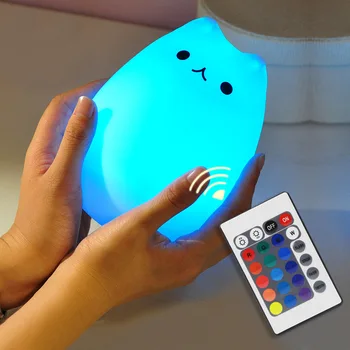 Palieskite Jutiklio Spalvinga Katė Naktį LED Šviesos Nuotolinio Valdymo Pritemdomi USB Įkrovimo Animacinių filmų Silikono Lempa Vaikams, Vaikams Baby