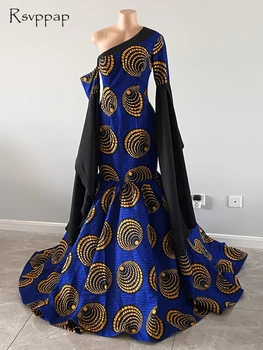 Nekilnojamojo Mėginio Ilgas Vakarines Sukneles 2021 Undinė Ilgomis Rankovėmis Mėlyna Medvilnės Spausdinti Aukso Afrikos Moterų Oficialią Chalatai