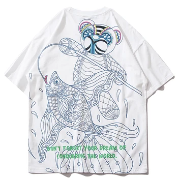 ELKMU Harajuku Streetwear Panda Karpis Line Print T-shirt Vyrams Vasaros Marškinėliai trumpomis Rankovėmis Tshirts Mados Tees Šukuotinės Medvilnės HE692