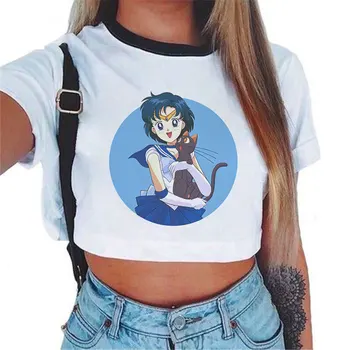 Trumpi Marškinėliai Sailor Moon 90s Juokinga Harajuku Drabužius Marškinėlius Estetinės Katė Anime Moterys Mielos Moterys T-shirt Kawaii Mados Tees
