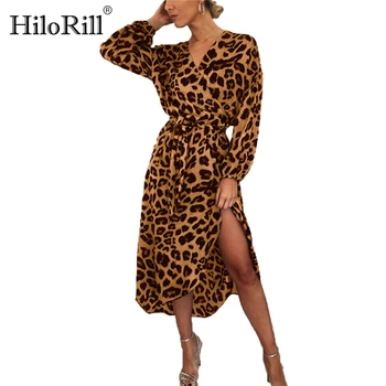 HiloRill Seksualus Leopard Suknelė Moterims Ilgomis Rankovėmis Rudenį Ilga Suknelė Atsitiktinis-Line V-Kaklo Derliaus Padalinta Wrap Suknelės, Šaliai, Skraistės Femme