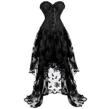 Suknelės korsetas nustatyti didelio ir mažo tiulio sijonas ilgas nėrinių korsetas bustier plius dydis gotikos maskuotis kostiumas suknelė korsett sexy juoda