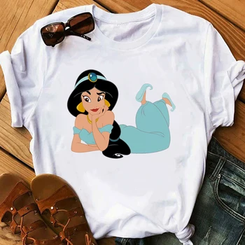 Disney Jasmine Moterys T-shirt Animacinių filmų Trumpas Rankovės Smart Savimi Princesė Paprastumas Spausdinti Drabužių Viršaus į Mados Moterų Tee