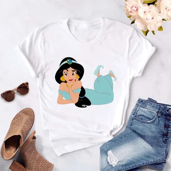 Disney Jasmine Moterys T-shirt Animacinių filmų Trumpas Rankovės Smart Savimi Princesė Paprastumas Spausdinti Drabužių Viršaus į Mados Moterų Tee