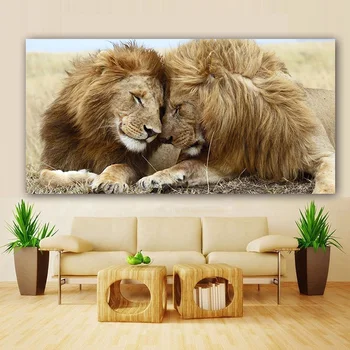 Afrikos Broliškų Meilės, Du Suaugę Vyrai Liūtai Drobės Tapybos Laukinių Gyvūnų, Plakatų ir grafikos Sienos Menas Nuotraukas Kambarį