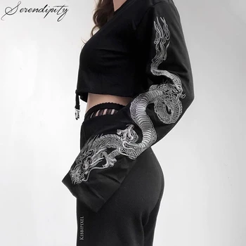 Gotikos Siuvinėjimo Dragon Moterų marškinėliai ilgomis Rankovėmis Juoda Punk Palaidinukė Mergaitei Sunaikinti marškinėliai Streetwear Prarasti Trumpas Pasėlių Sexy