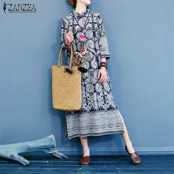 2021 ZANZEA Derliaus Moterų Mandarinų Bohemijos Printed Dress Kinų Stiliaus Chipao Ilgos Suknelės Vestidos Sundress Maxi Skraiste Femme