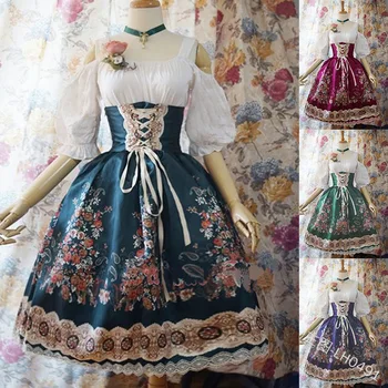 Plius Dydis Moterų Suknelė Off Peties Lolita Gotikos Stiliaus Suknelė Cosplay Suknelė Vintage Spausdinti Sluoksniuotos Rankovėmis Tvarstis Suknelė