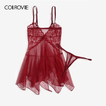 COLROVIE Juodos Kontrastas Nėrinių Nesimetriškas Vien Lapeliai Su Thong Kelnaitės Moterų Pižama 2019 M. Vasarą Raudona Nesimetriškas naktiniai drabužiai