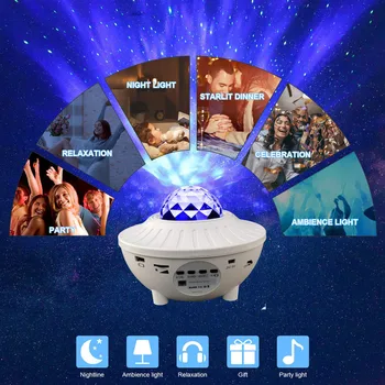 Projektoriaus Lempa LED Star Naktį Šviesos Bangos Dangus Žvaigždėtas Galaxy Blueteeth USB Balso Valdyti Muzikos Grotuvą Apšvietimo Lempos Gimtadienio Dekoras