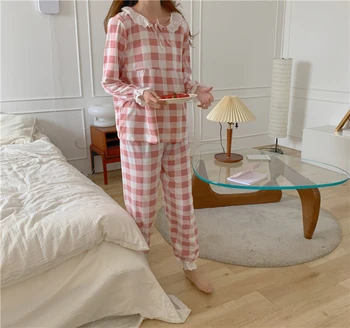 Laisvas raukiniai, nėriniai pižama nustatyti pledas sleepwear moterų atsitiktinis tvarstis ilgomis rankovėmis namų drabužių elastinga juosmens kelnės viršuje pijama Y027