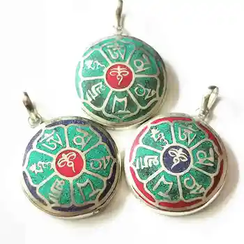 Tibeto Papuošalų Pakabučiai Mantra Amuletai Vario Inkrustacijos Akmens Budos Akis Apvalus Pakabukas OM MANI PADME HUM TBP707