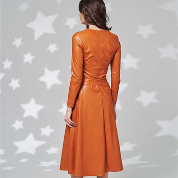 Tinka Ir Blyksnius Žiemos Dress Linijos Kišenės Pu Odos, Midi Suknelė ilgomis Rankovėmis Elegantiškas Diržas Ilga Suknelė 2020 Mados