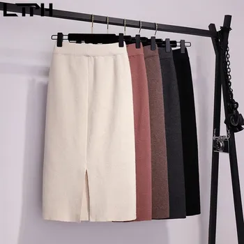 LTPH 2020 m. Rudenį, Žiemą, naują atvykimo Mados megzti didelio dydžio sijonas paprasta vientisa spalva Aukšto juosmens padalinta Vidutinio ilgio Sijonai