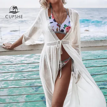 CUPSHE Balta Atvira nugara Savarankiškai kaklaraištis Bikini Padengti Iki Sexy Nėrinių Ilga Suknelė Apima Moterų 2021 M. Vasaros Paplūdimio Maudymosi Kostiumą Paplūdimio